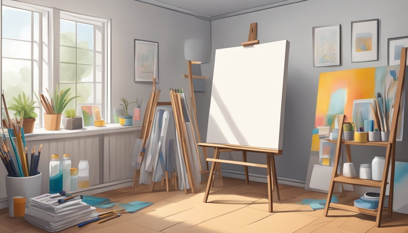 A small room with a foldable easel set up, surrounded by art supplies and a large blank canvas ready for a big art project
