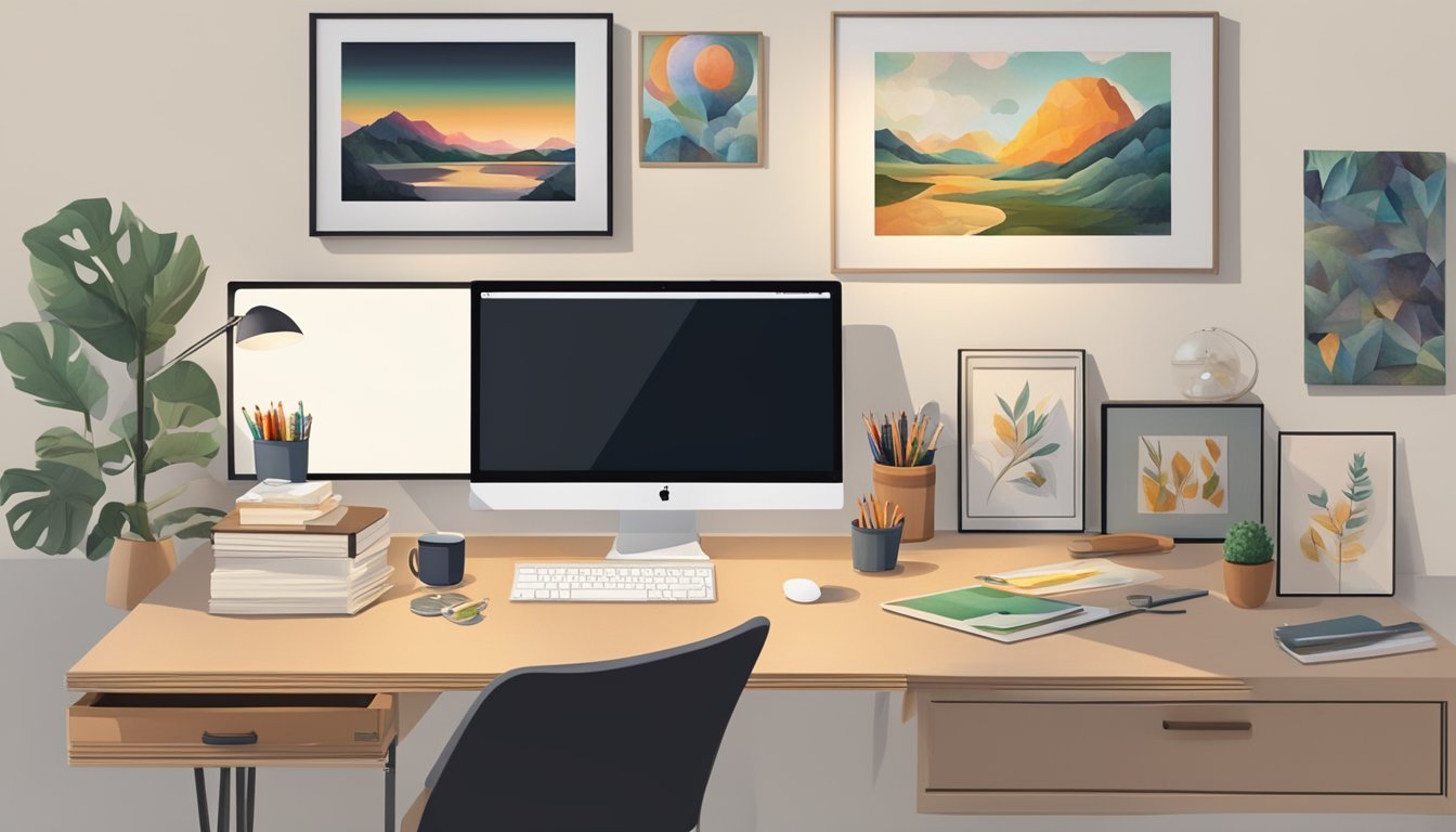 A small desk with a compact light box sitting on it, surrounded by art supplies and a finished large art project displayed on the wall