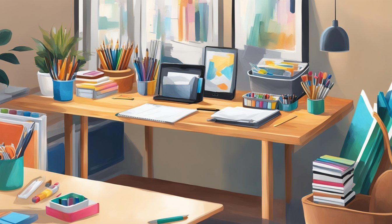 A compact storage caddy sits on a table, filled with art supplies and tools.</p><p>A small space is organized for big art projects, with a work surface and comfortable seating nearby