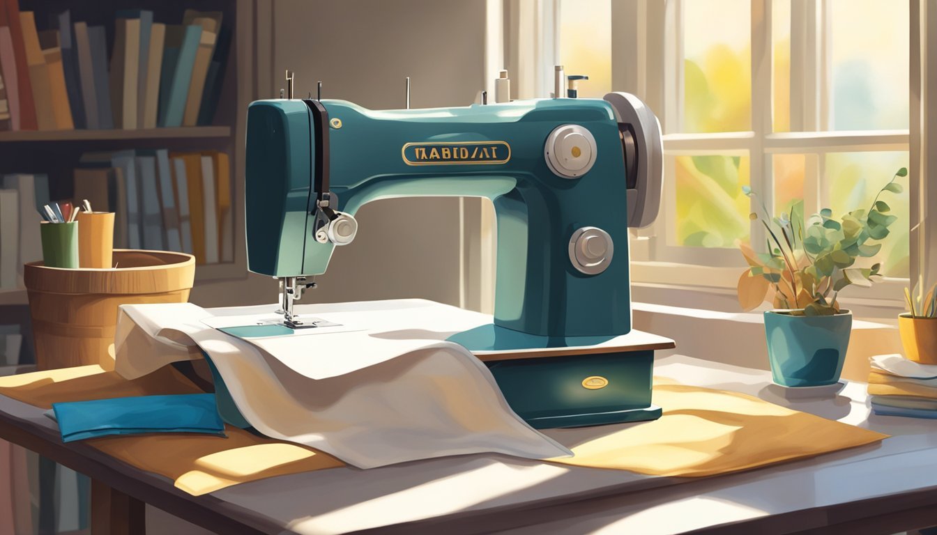 A sewing machine on a table with fabric, scissors, and a stack of envelope pillow covers.</p><p>Sunshine streams through a window onto the workspace