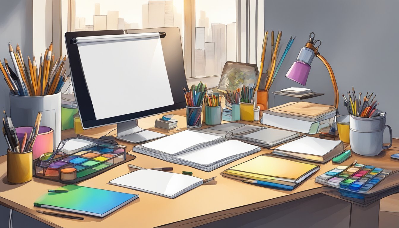 A cluttered desk with art supplies, a clip-on desk lamp illuminating a blank canvas, surrounded by a small space for big art projects