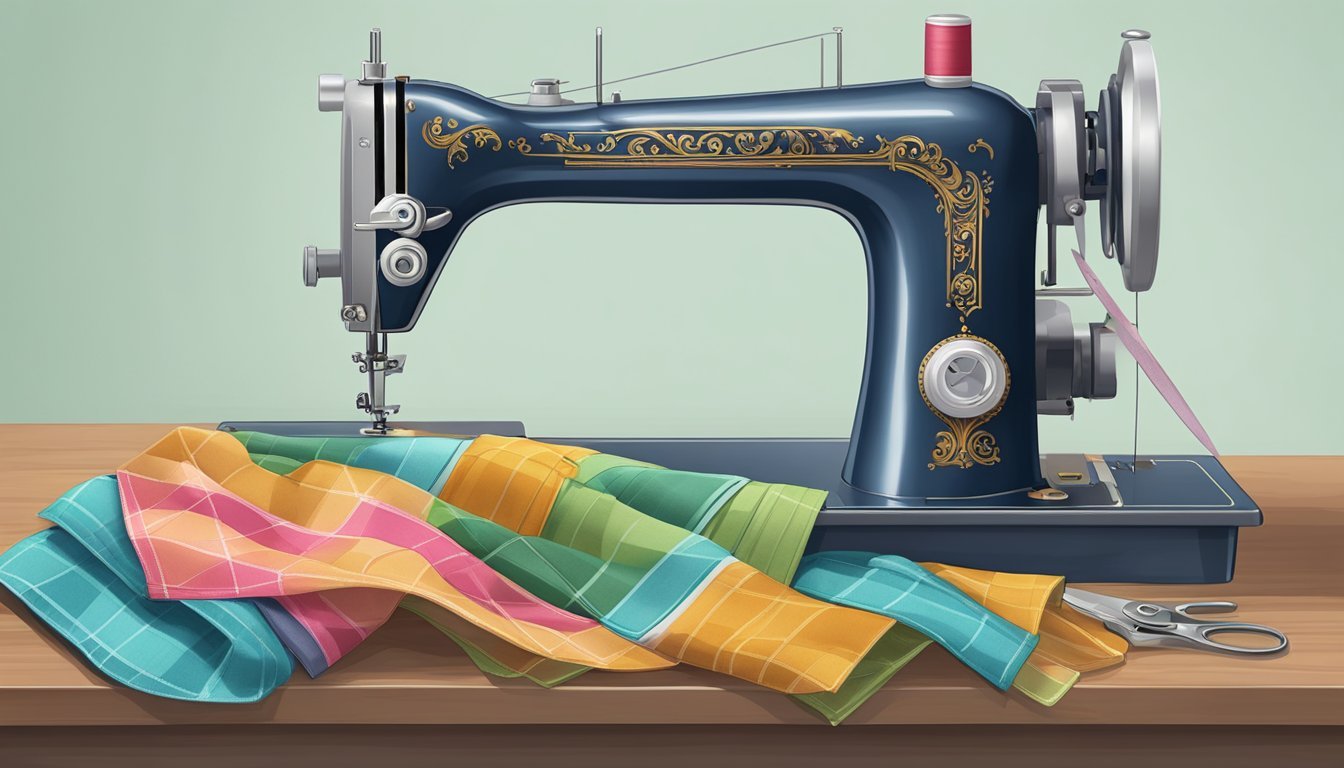 A sewing machine with fabric, scissors, thread, and a reversible headband design laid out on a table