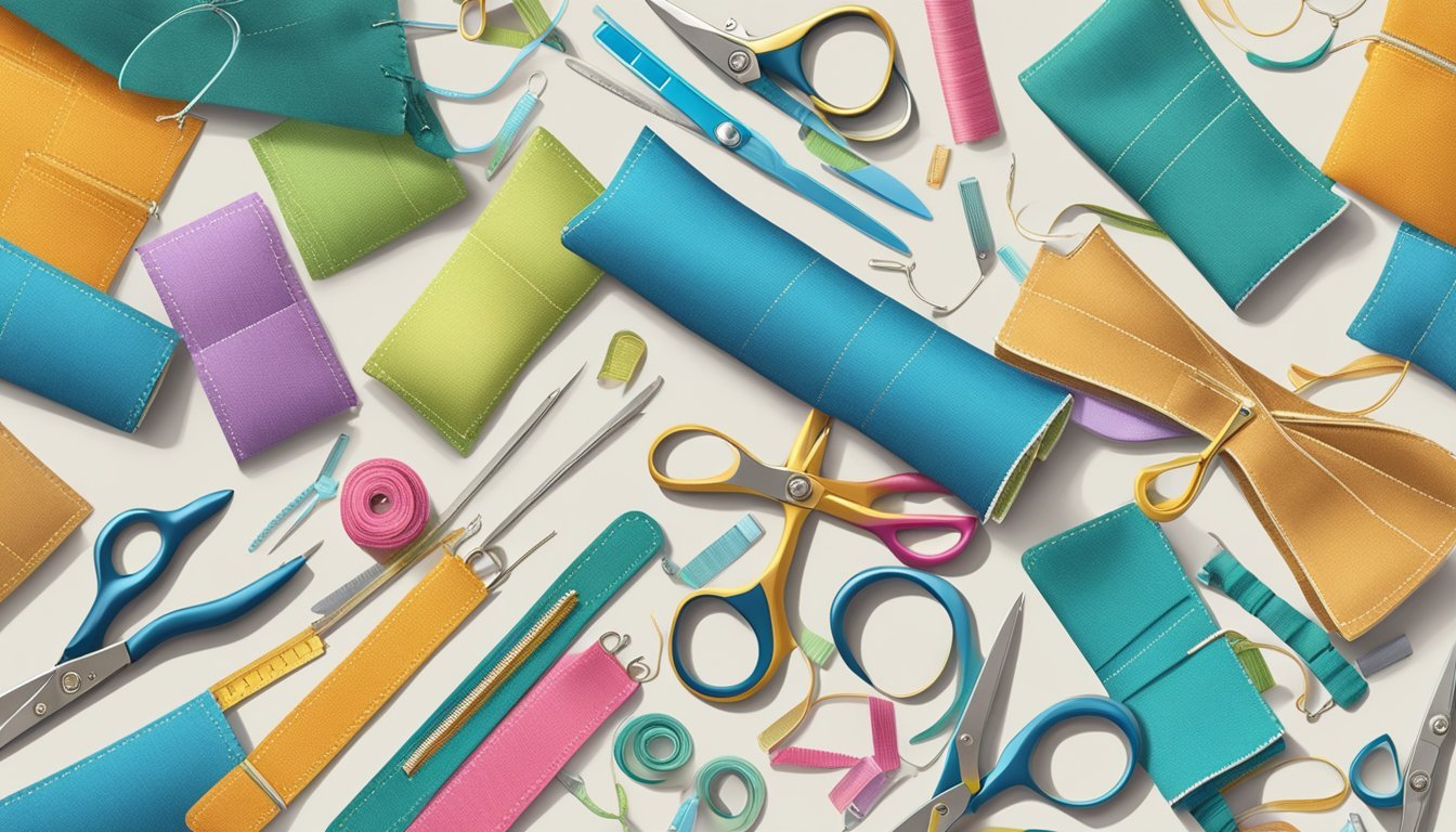 A colorful array of fabric, scissors, thread, and zippers scattered on a clean work surface, with a completed zipper pouch as the centerpiece