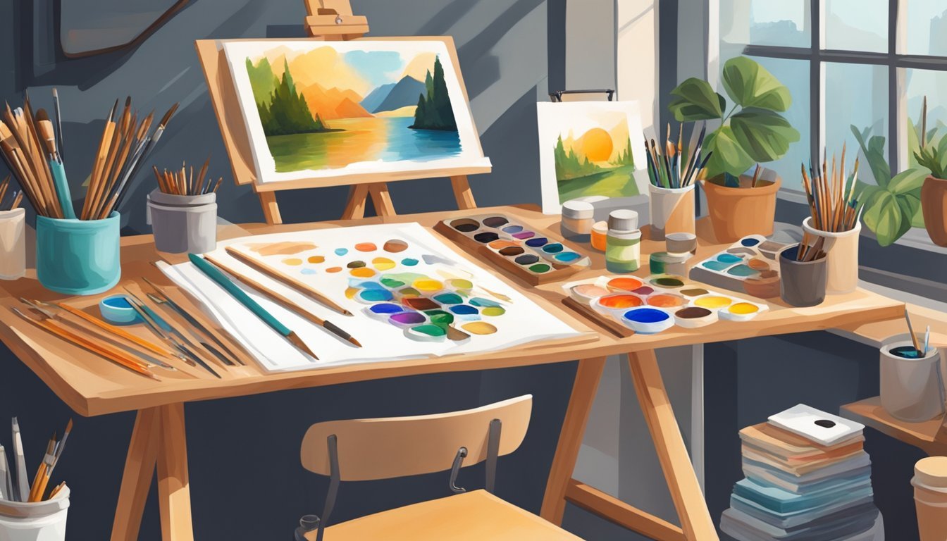A well-lit, compact craft table with various art supplies neatly organized around it.</p><p>A large canvas propped up on an easel, surrounded by paintbrushes and tubes of paint
