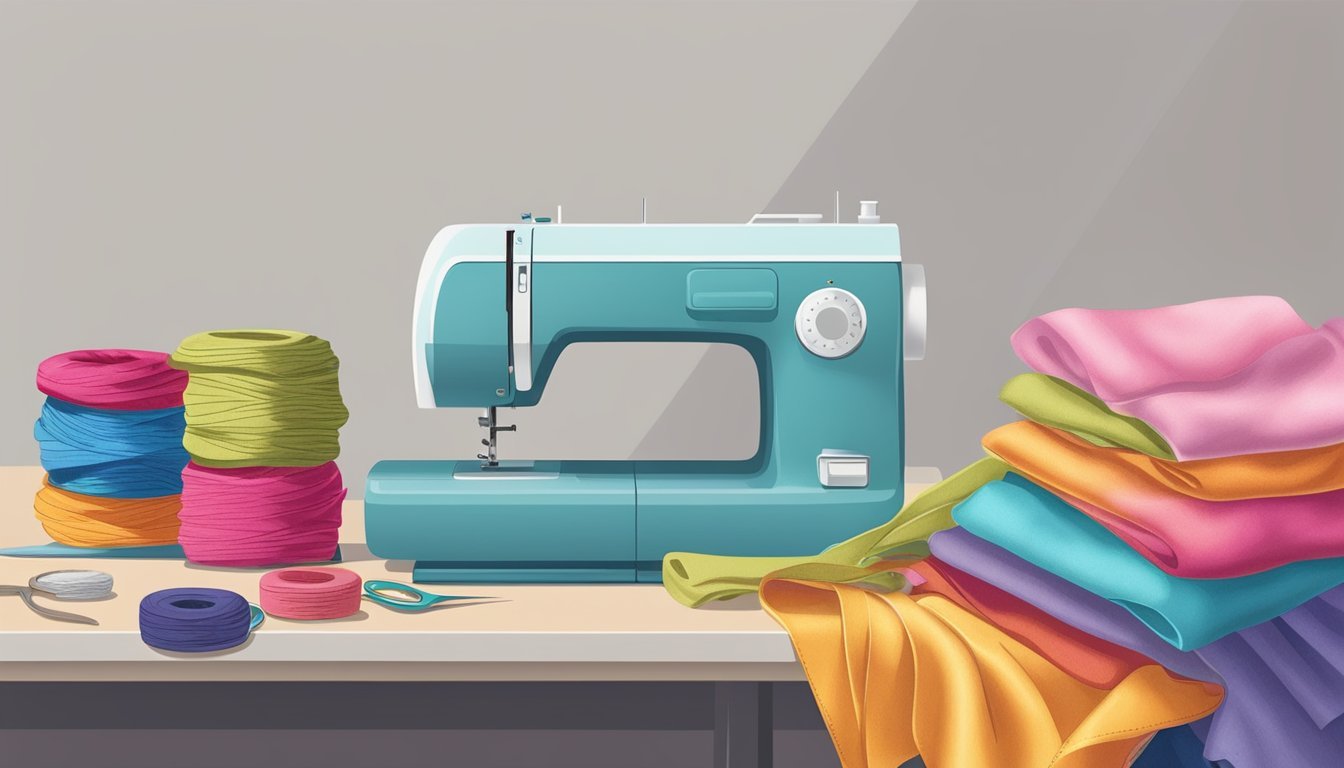 A table with colorful fabric, scissors, thread, and a sewing machine.</p><p>A stack of finished fabric scrunchies sits nearby