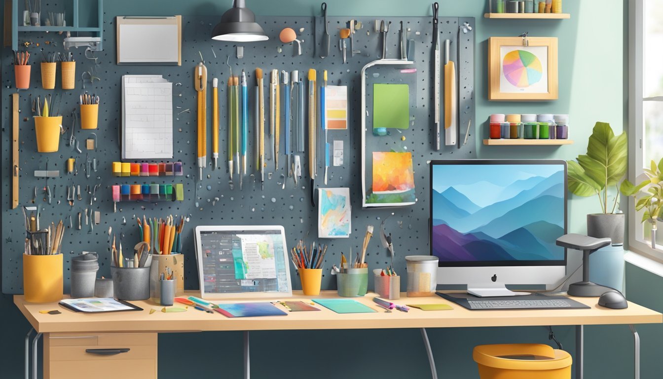 A small, organized workspace with a magnetic pegboard holding various art supplies and tools for big art projects