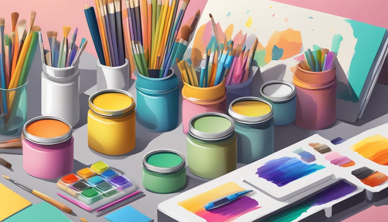 A small desk with stackable storage jars filled with art supplies, surrounded by colorful paper and paint brushes