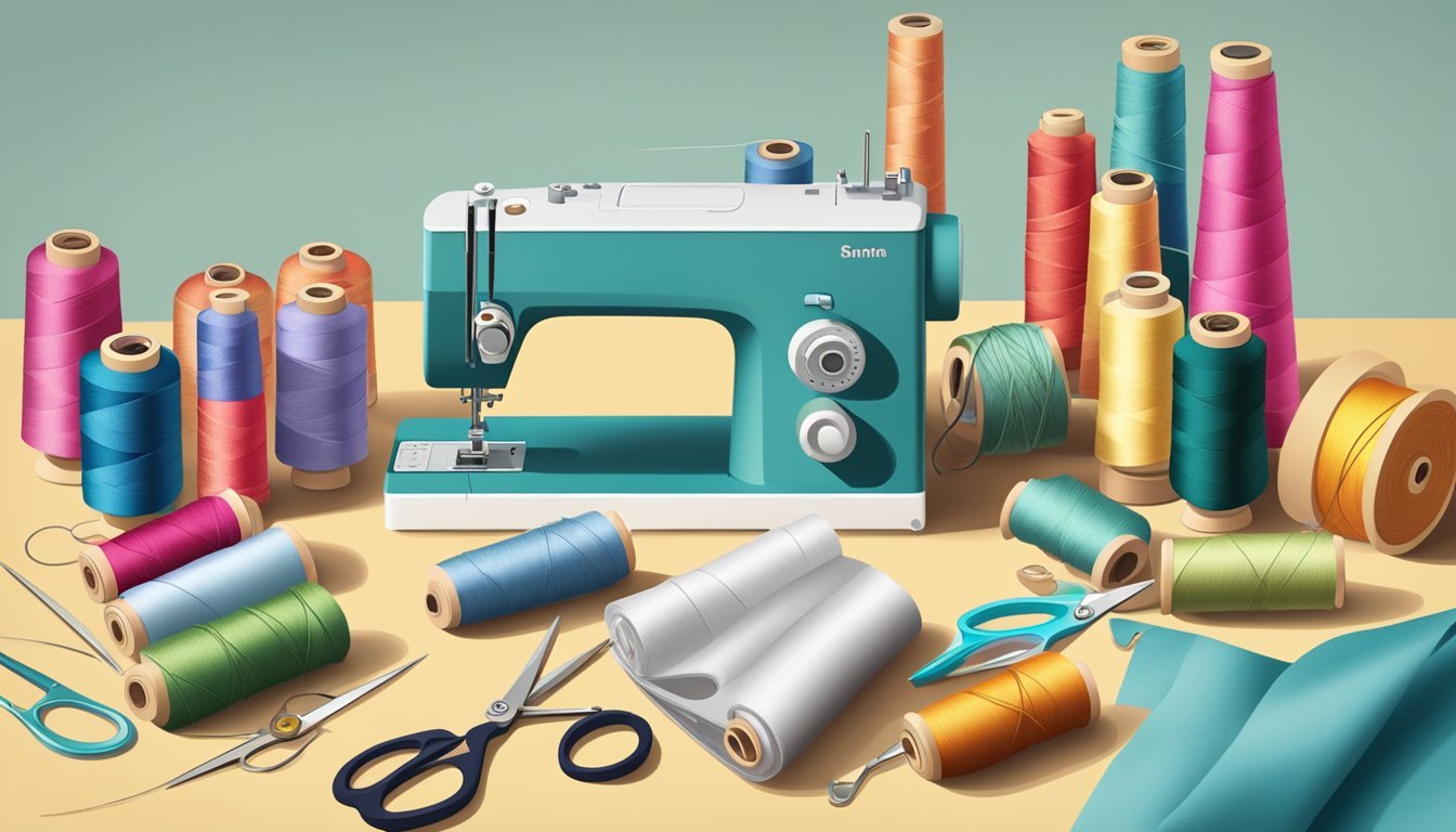 A table with sewing machine, scissors, thread, pins, fabric, and a pincushion.</p><p>Eight completed sewing projects displayed nearby