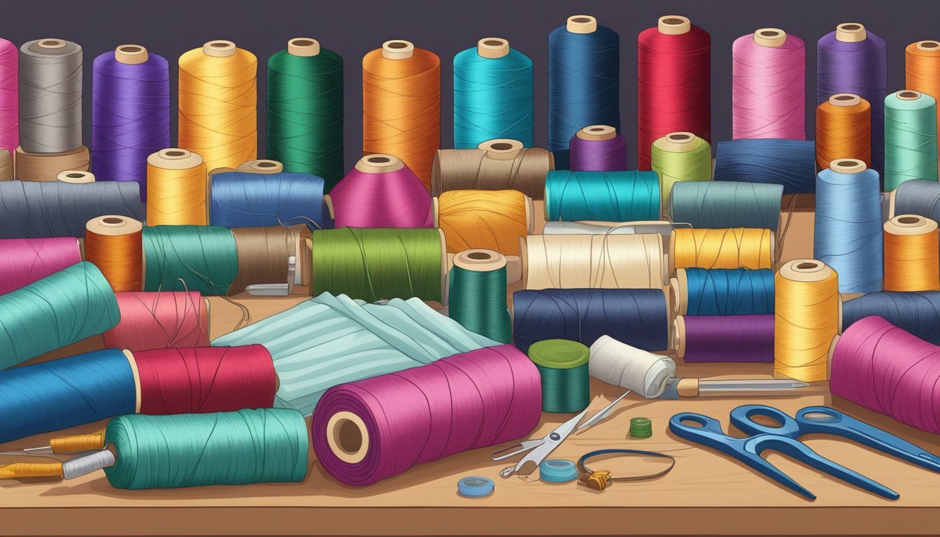 A colorful array of fabric, thread, needles, and sewing tools arranged neatly on a table, with a variety of completed sewing projects displayed in the background