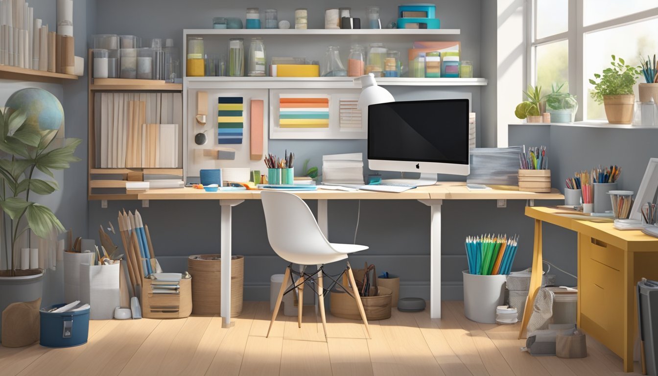An adjustable chair with built-in storage sits in a small, organized art space with large art supplies and materials ready for use