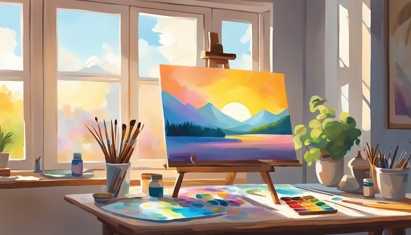 A table with various stencils, paintbrushes, and paint palettes.</p><p>A canvas with colorful mixed media art in progress.</p><p>Light streaming in from a nearby window