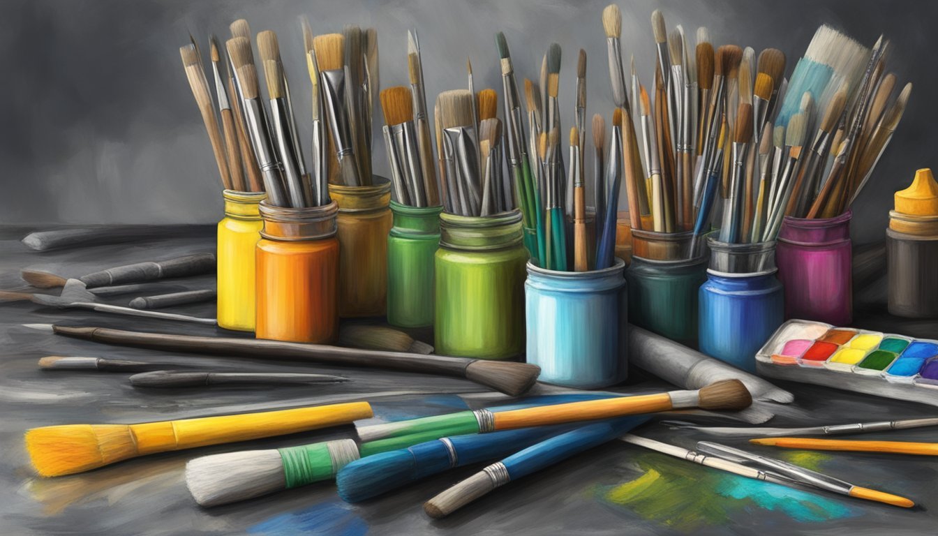 A still life arrangement of various art supplies, including charcoal sticks, paintbrushes, and tubes of paint, arranged on a textured surface to showcase the use of mixed media techniques