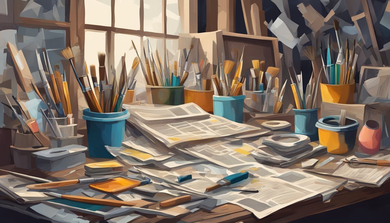A cluttered art studio with paintbrushes, scissors, and glue.</p><p>Old newspapers are torn and layered onto a canvas, creating a textured background for mixed media art