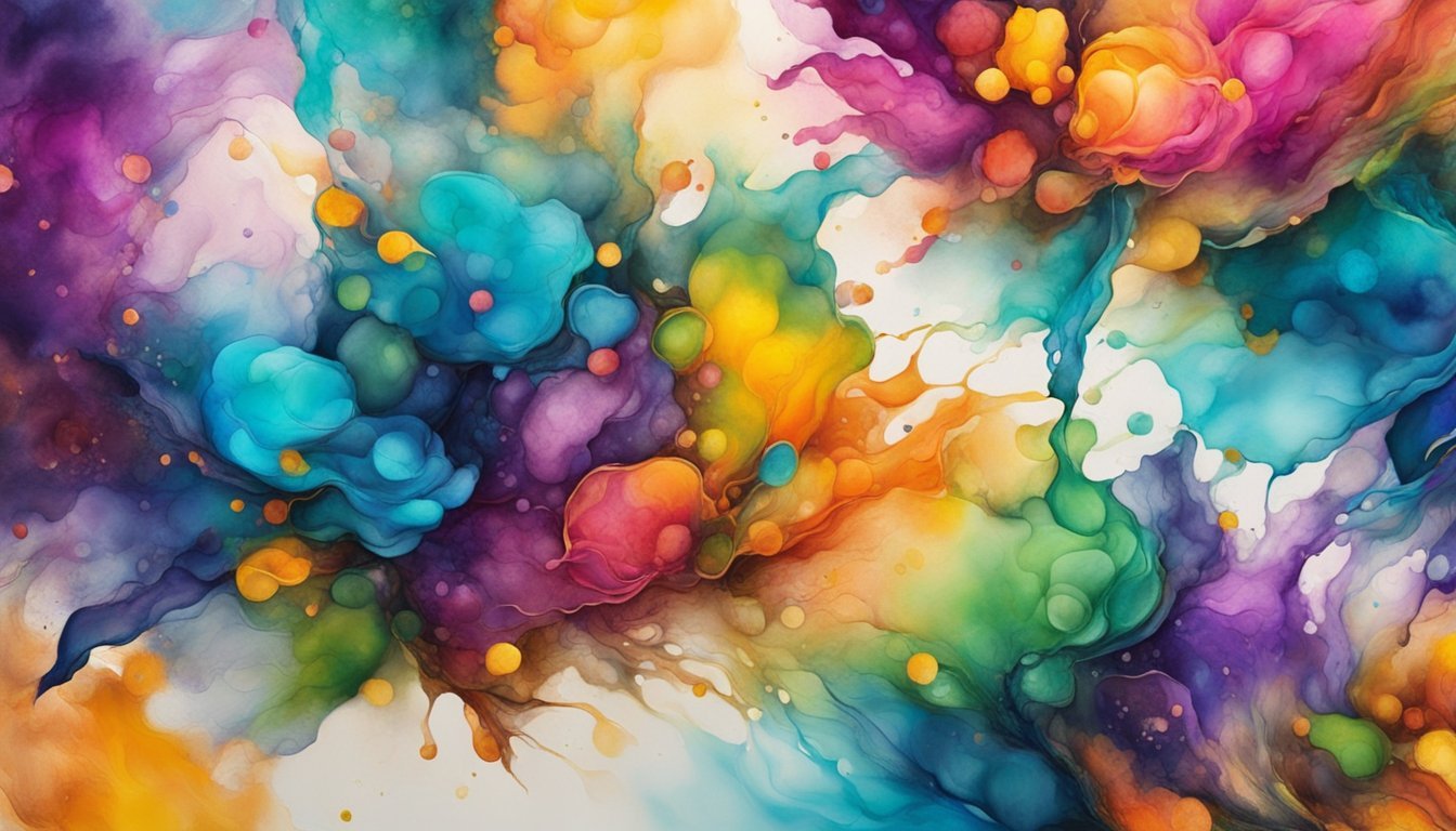 Vibrant alcohol inks splatter across a canvas, blending and swirling in a mesmerizing display of color and texture