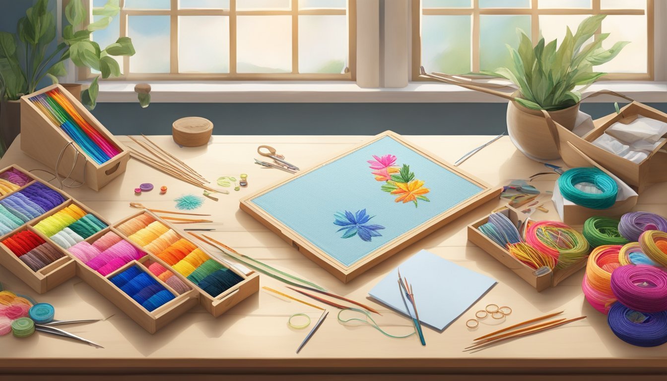 A table with colorful embroidery kits, needles, and hoops.</p><p>A bright window casts natural light onto the workspace