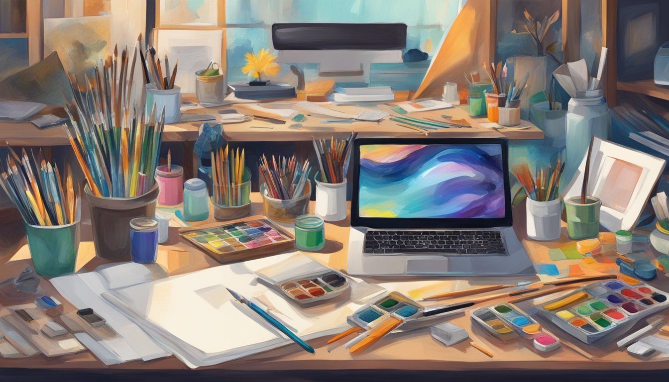 A cluttered art table with paintbrushes, pencils, markers, and various art supplies scattered around.</p><p>A canvas with layers of mixed media techniques displayed