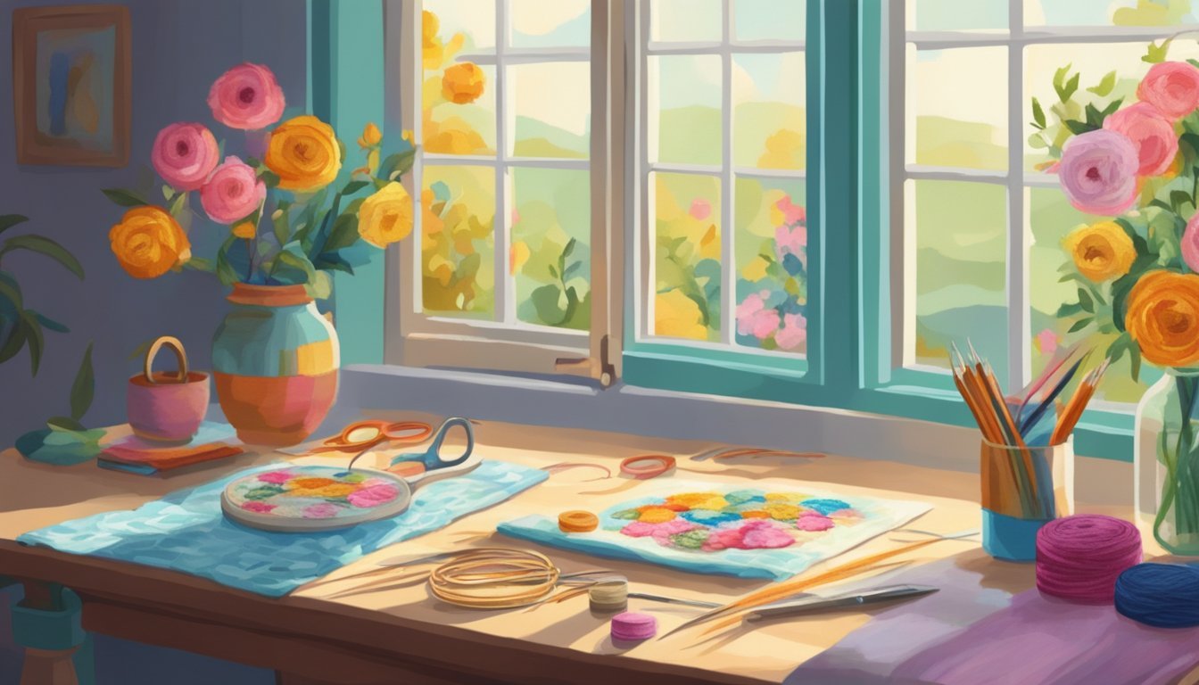 A table with embroidery hoop, colorful threads, and floral patterns.</p><p>A needle and scissors are nearby.</p><p>Bright natural light streams in from a window