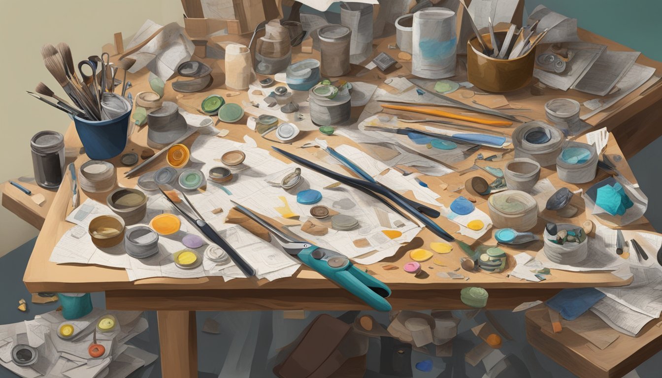 A cluttered art table with paintbrushes, scissors, glue, and various found objects like buttons, fabric scraps, and old newspaper clippings scattered around
