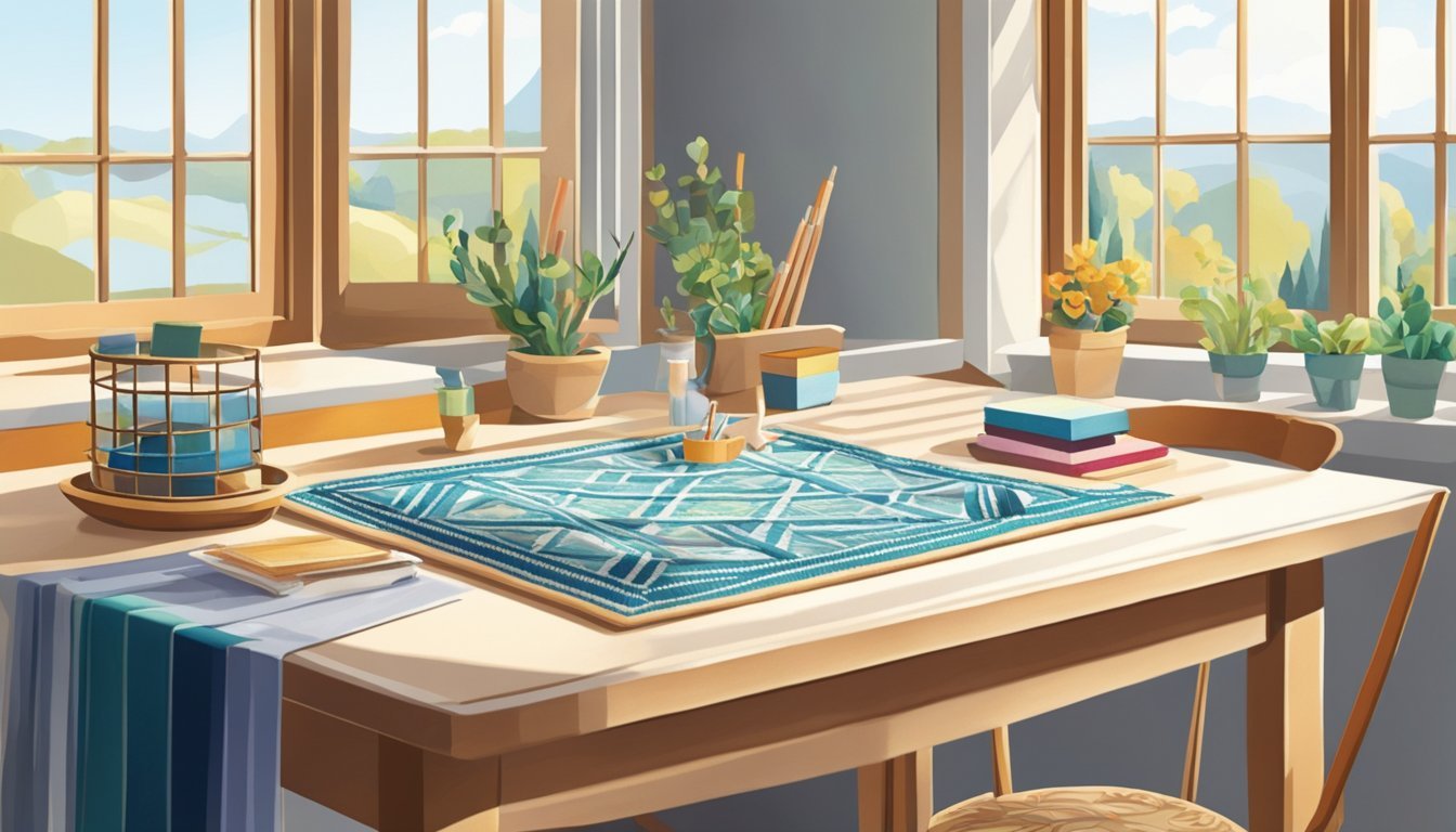 A table set with embroidery supplies, geometric patterns, and step-by-step instructions.</p><p>Bright natural light streams in through a nearby window