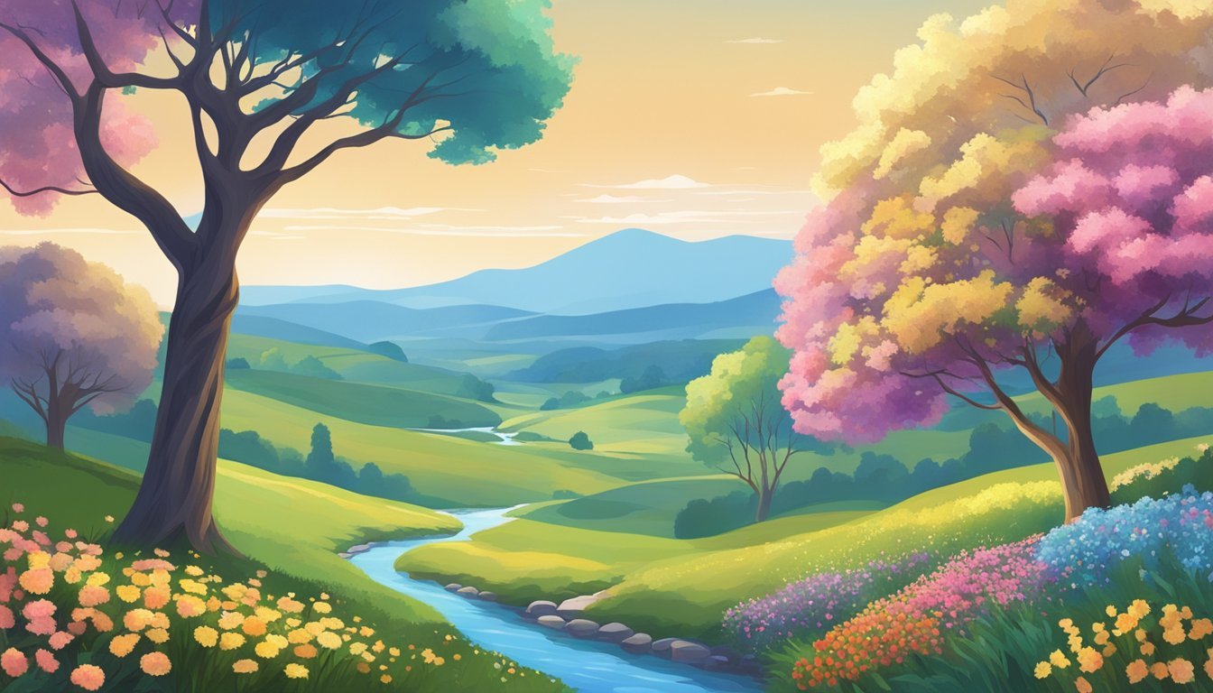 A serene landscape with rolling hills, a winding stream, and a colorful array of flowers and trees under a bright blue sky