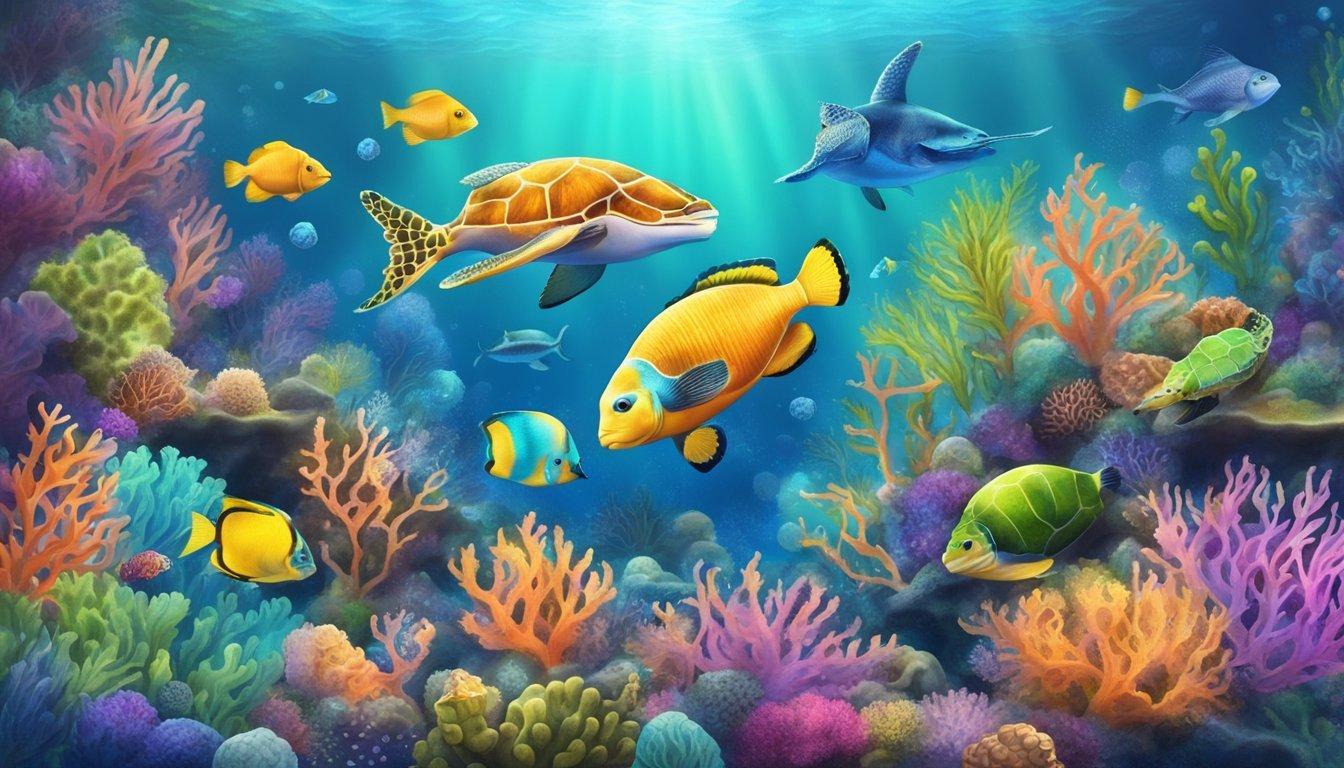 A colorful coral reef with various sea creatures, including fish, turtles, and seahorses, surrounded by vibrant seaweed and sparkling water