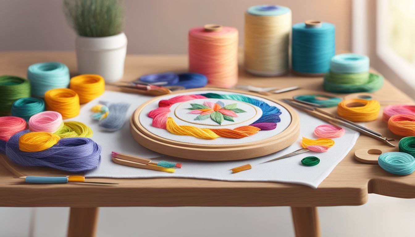A table with colorful embroidery kits, needles, and hoops.</p><p>A step-by-step guidebook open to a project.</p><p>Bright natural light illuminates the scene