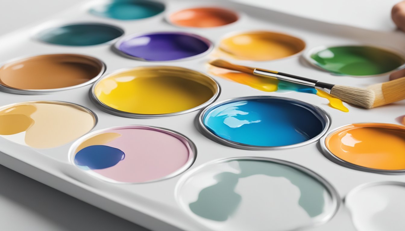 A palette with five shades of acrylic paint being mixed on a white surface, with various tints and shades being created