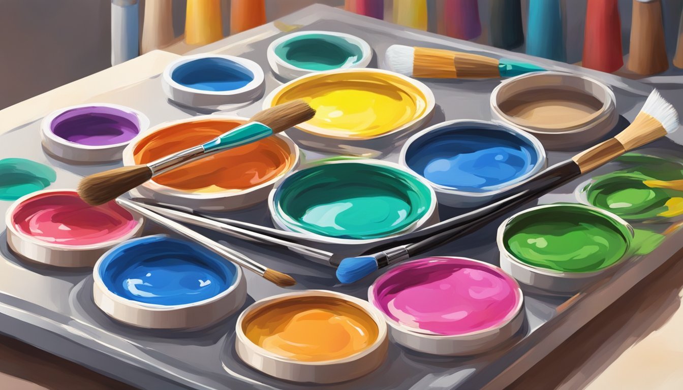 A palette with five distinct colors of acrylic paint being mixed together with various brushes and tools on a clean, well-lit work surface