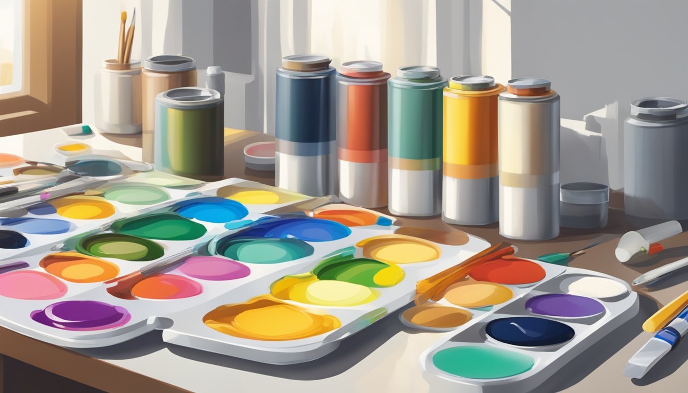 A palette of acrylic paint tubes, a color wheel, and mixing tools on a clean, well-lit work surface