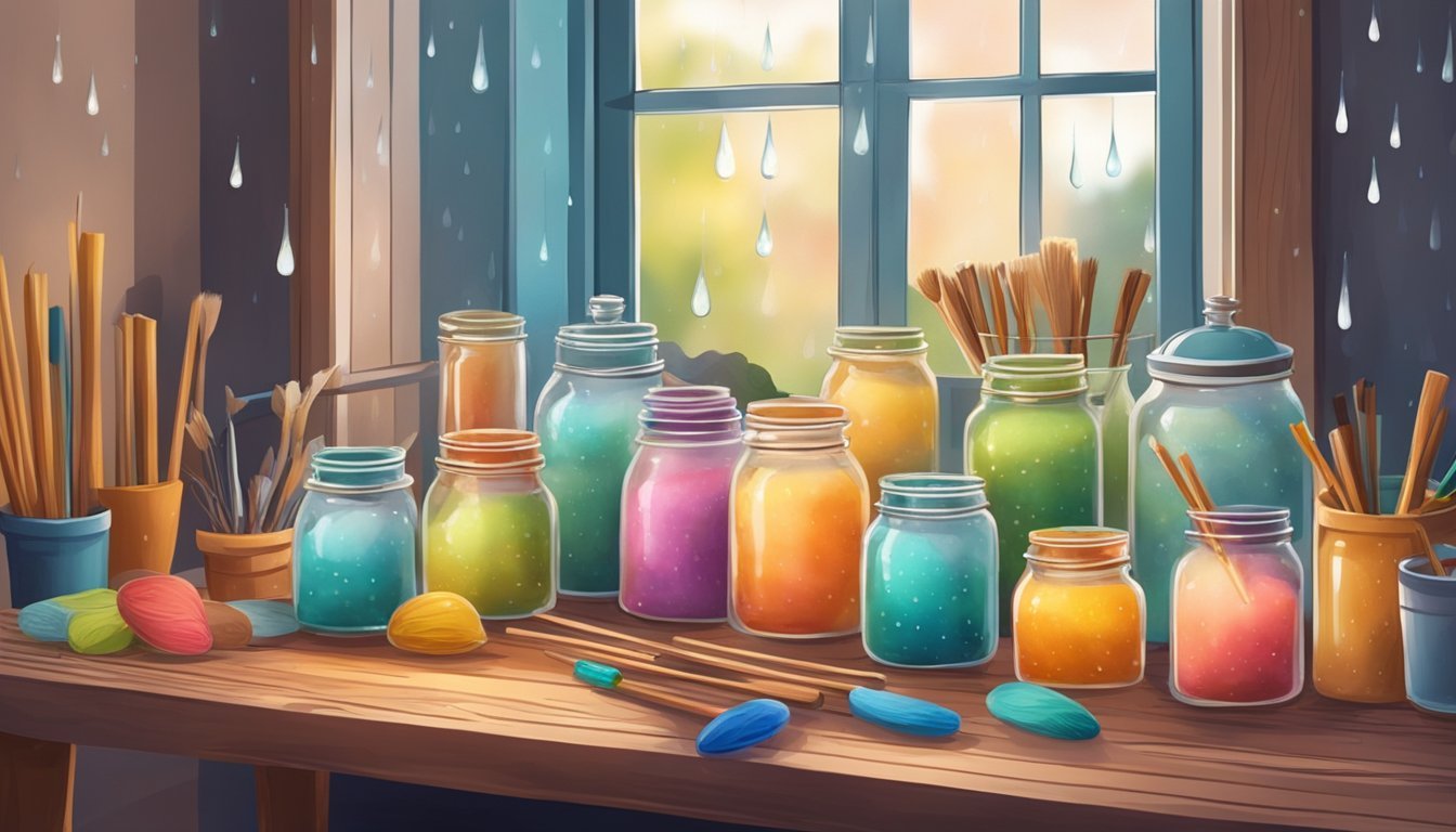 A cozy table with colorful jars, wax, and various crafting tools.</p><p>Outside, raindrops patter against the window, creating a calming atmosphere for candle making