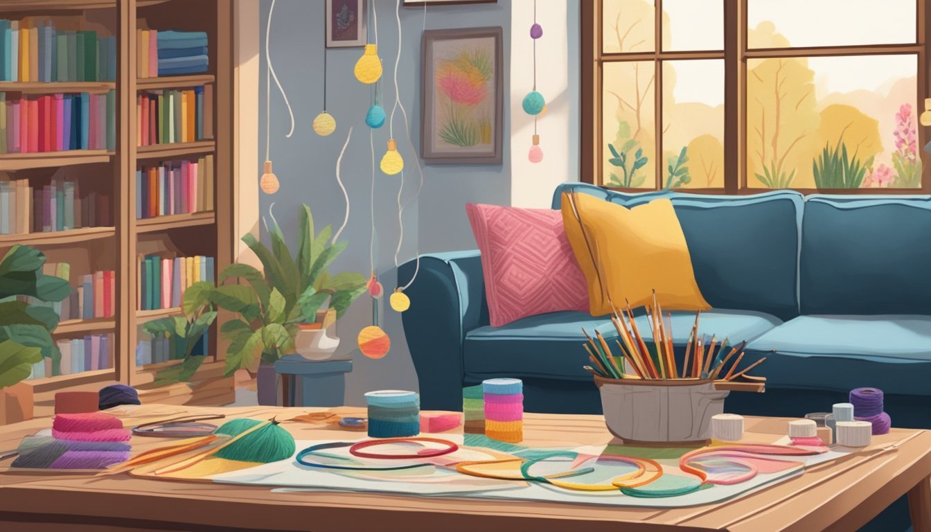 A cozy living room with a wooden table holding an embroidery hoop, colorful threads, and various craft supplies scattered around.</p><p>Raindrops are visible on the window, creating a warm and inviting atmosphere