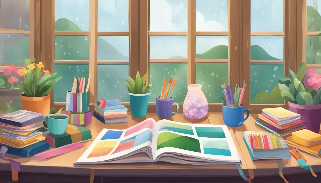 A cozy indoor scene with a table filled with scrapbook albums, colorful craft materials, and completed projects, with raindrops visible through a window