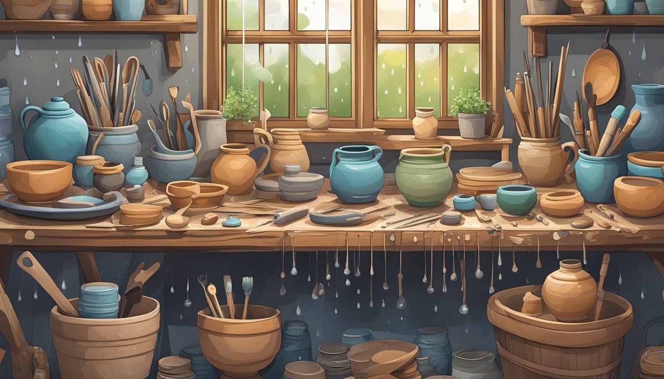 A table covered in clay pottery creations, surrounded by various crafting tools and materials, with a window showing rain falling outside