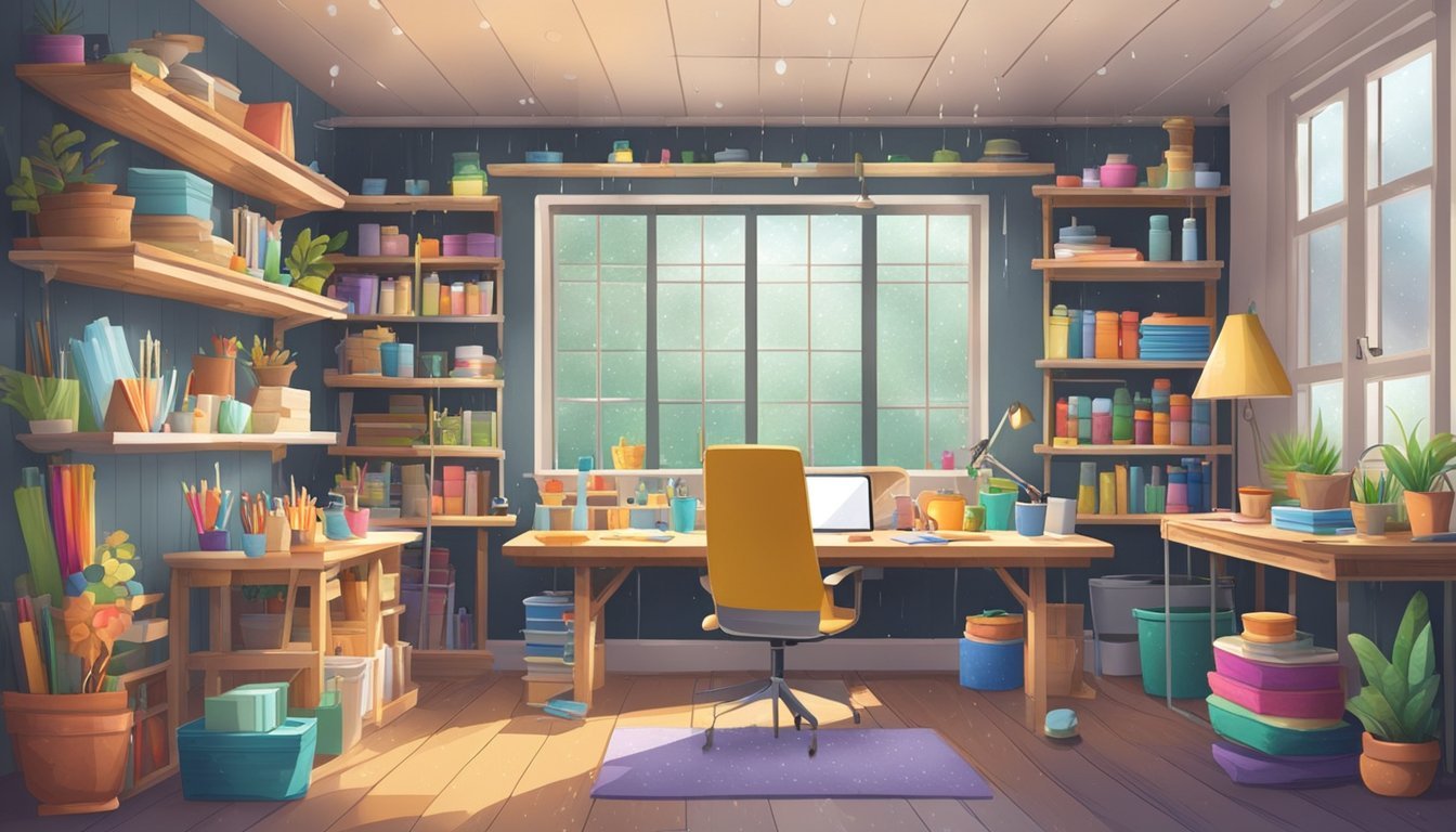 A cozy crafting space with a table filled with colorful supplies and tools, surrounded by shelves of neatly organized materials and finished projects.</p><p>Outside, rain splatters against the window