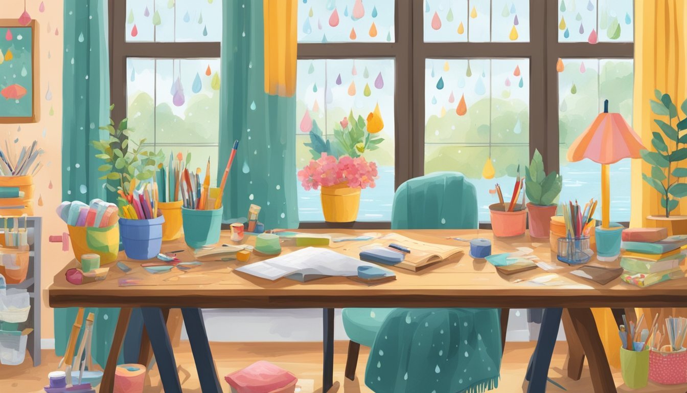 A cozy room with a large table filled with colorful craft supplies, surrounded by comfortable chairs.</p><p>Raindrops patter against the window, creating a soothing backdrop for a productive crafting session