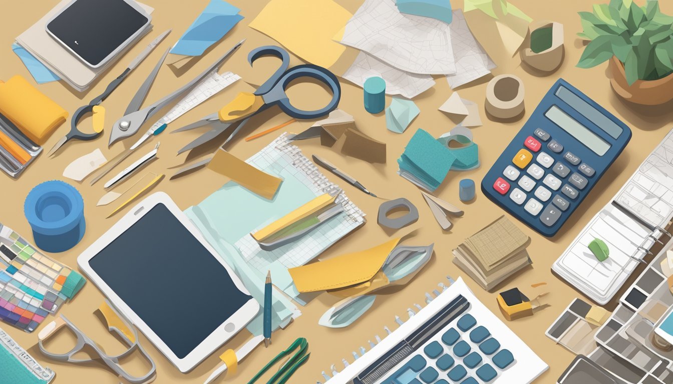 A cluttered craft table with various tools and materials scattered about, including scissors, glue, paper, and fabric scraps.</p><p>A calculator and budgeting notebook sit nearby