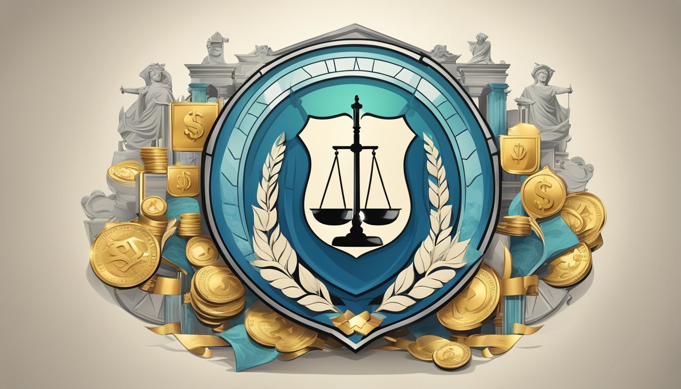 Emblem with scales of justice, coins, and classical architecture elements