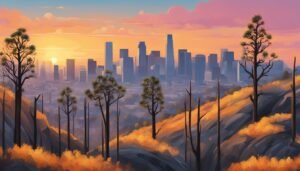 City skyline at sunset with trees in the foreground, stylized art