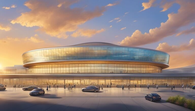 Modern airport terminal with circular glass roof, cars, and people