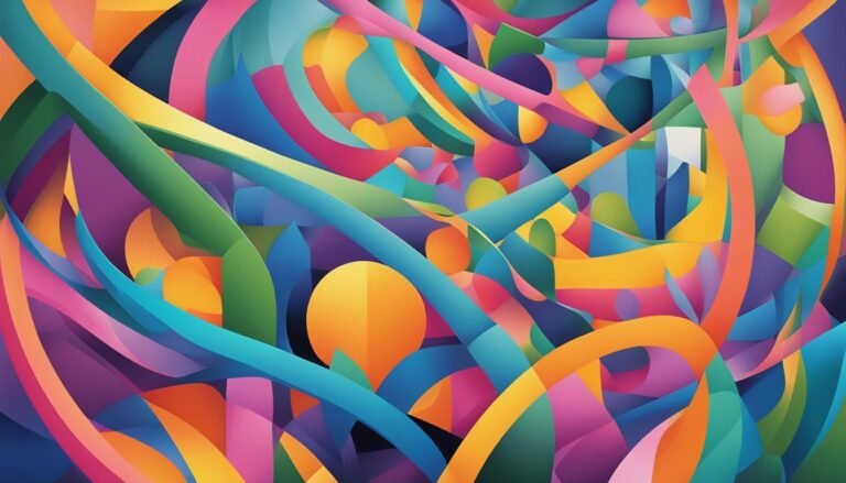 Abstract art with overlapping colorful curved shapes and gradients