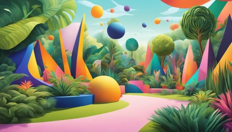 Colorful, stylized illustration of a garden with geometric shapes and floating spheres