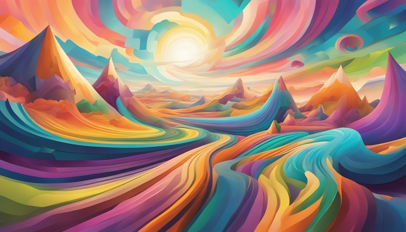 Colorful abstract landscape with swirling patterns, mountains, and a bright sun