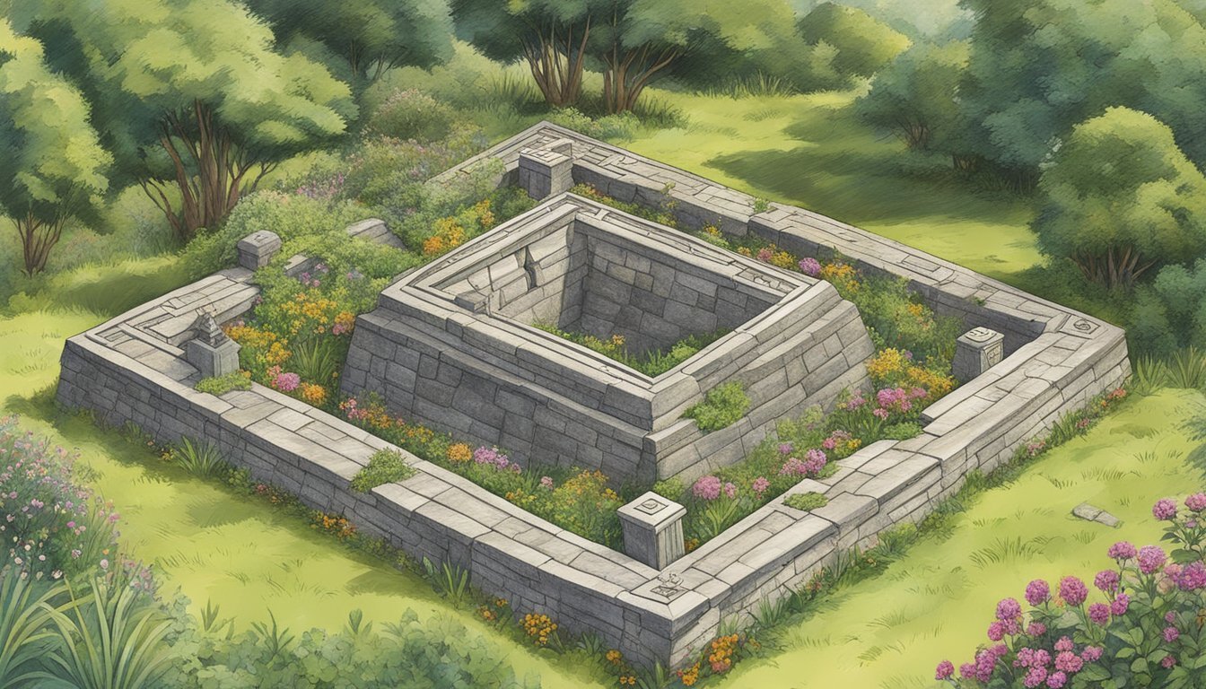 Overgrown stone ruins surrounded by colorful flowers and greenery