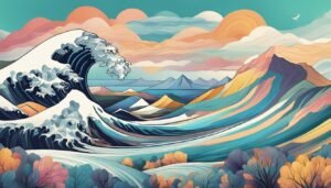 A stylized landscape featuring a large wave, colorful mountains, and clouds