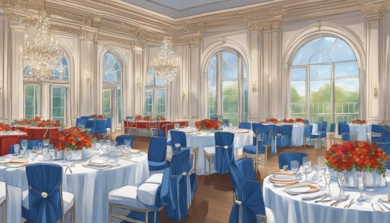Elegant banquet room with round tables, blue and red decorations, and large windows