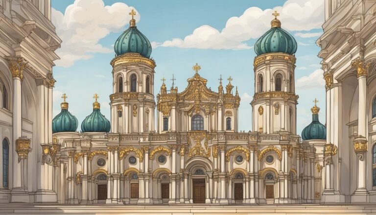 Baroque church with turquoise domes and ornate gold detailing