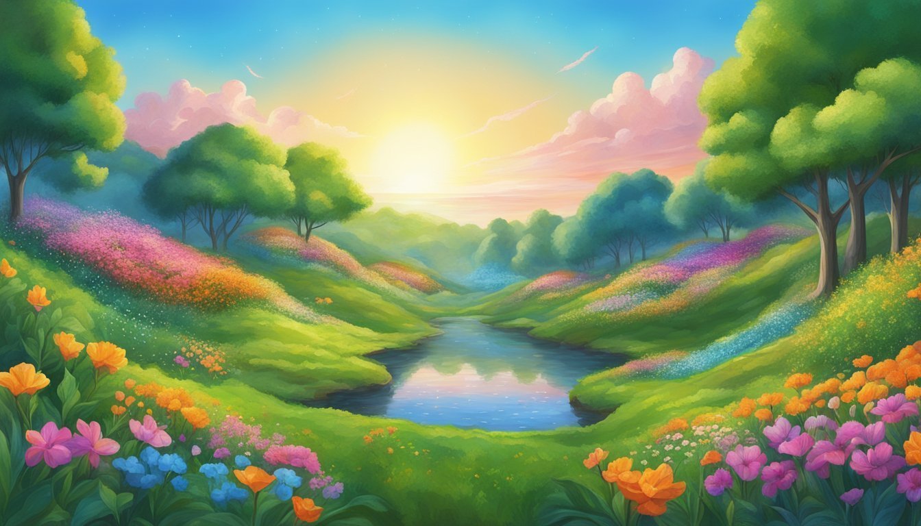 Vibrant landscape with a river, colorful flowers, and trees at sunrise