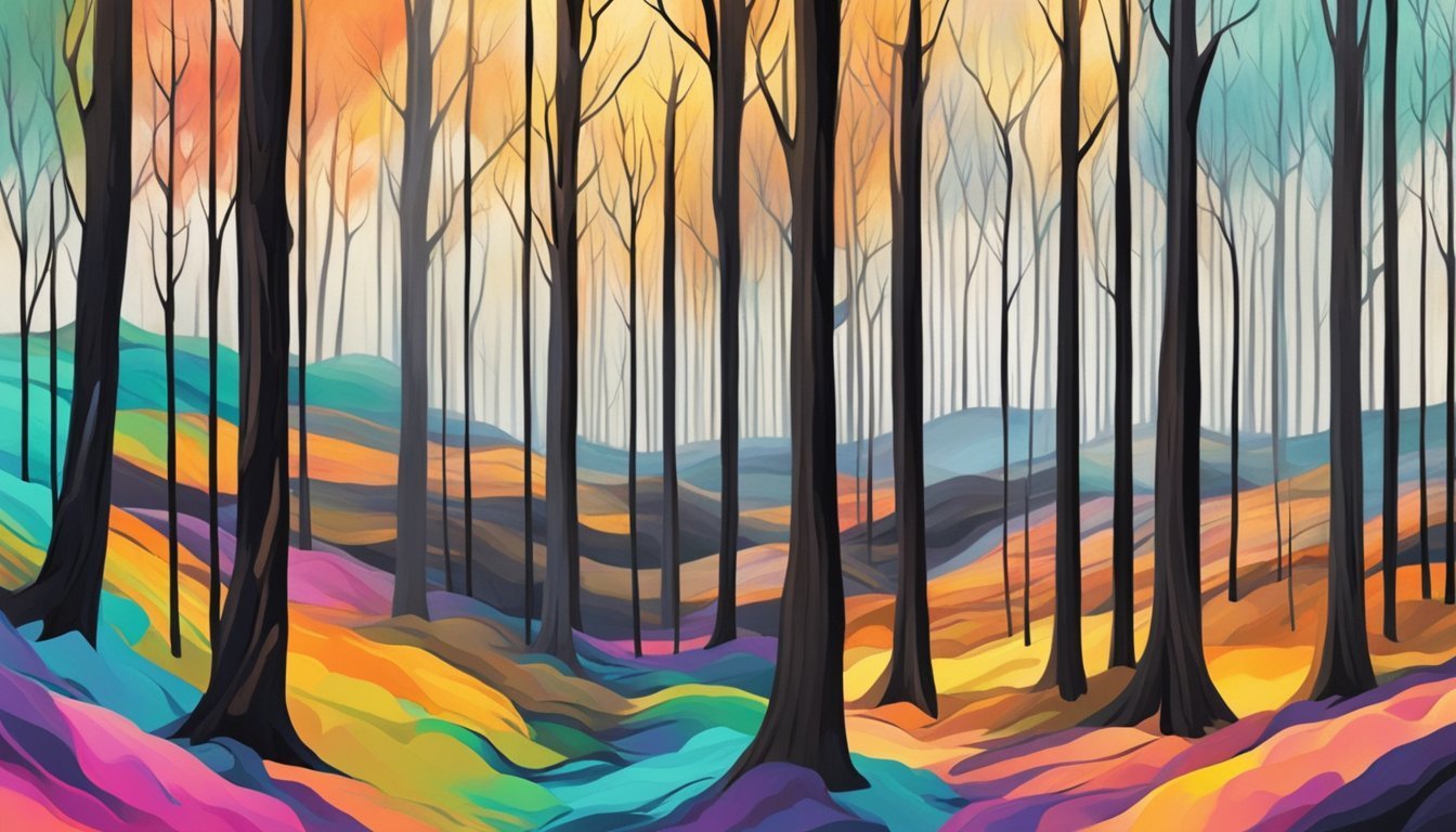 Colorful abstract forest scene with tall, dark trees and vibrant patterns