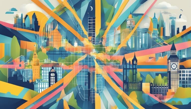 Colorful abstract cityscape featuring iconic buildings and vibrant lines