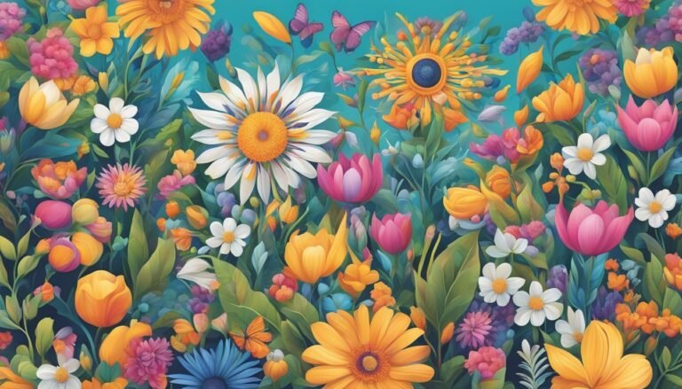 A vibrant arrangement of various colorful flowers and butterflies